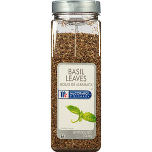 A jar of McCormick Culinary Basil Leaves.