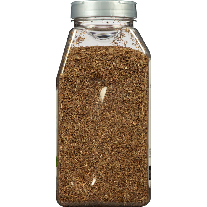 A glass jar of dried oregano.
