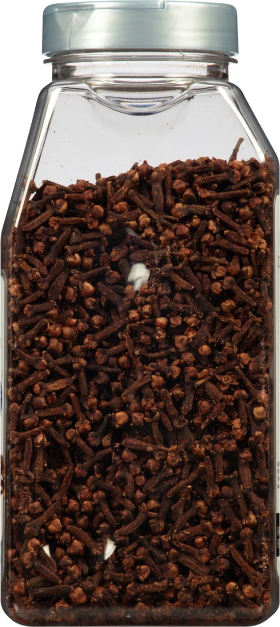 A clear plastic jar filled with whole cloves.