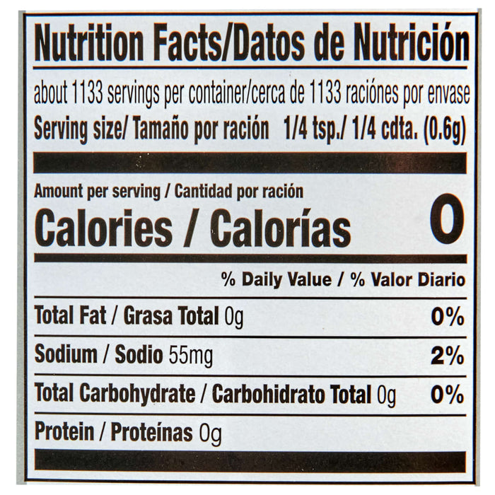 Nutrition facts label for a product with 0 calories per serving.