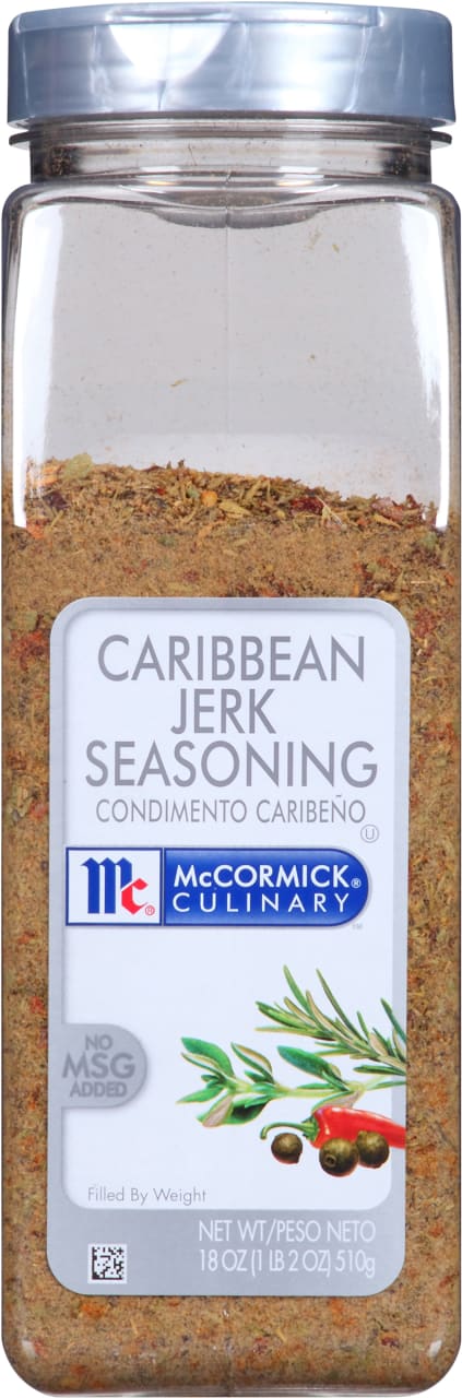 A jar of McCormick Culinary Caribbean Jerk Seasoning.
