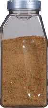 A clear plastic jar filled with a blend of spices.