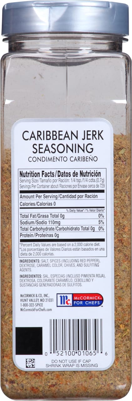 A McCormick for Chefs Caribbean Jerk Seasoning container with nutrition facts and ingredients listed.