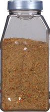 A clear plastic jar filled with a blend of spices.