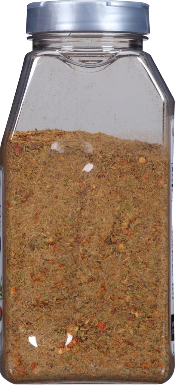 A clear plastic jar filled with a blend of spices.