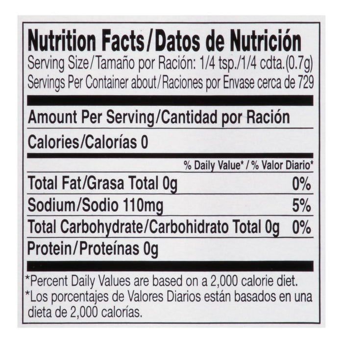 Nutrition facts label for a product with 0 calories per serving.