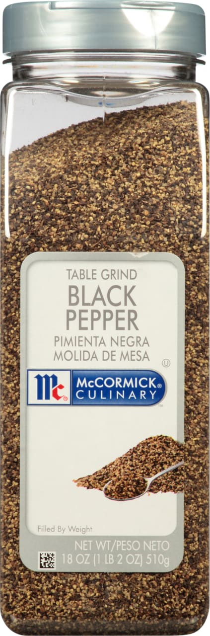 A container of McCormick Culinary Table Grind Black Pepper.