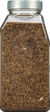 A clear plastic jar filled with black peppercorns.