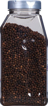 A clear plastic jar filled with black peppercorns.