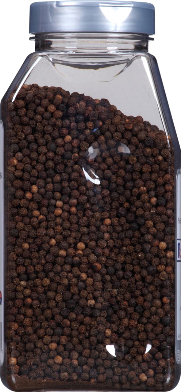 A clear plastic jar filled with black peppercorns.