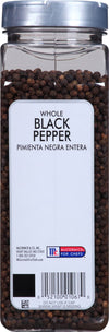 A container of McCormick For Chefs Whole Black Pepper.
