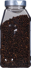 A clear plastic jar filled with black peppercorns.