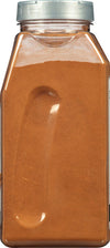 A plastic jar of ground cinnamon.