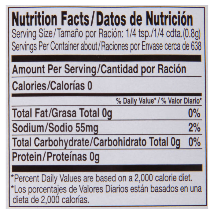 Nutrition facts label for a product with 0 calories, 0g fat, 55mg sodium, 0g carbohydrates, and 0g protein.