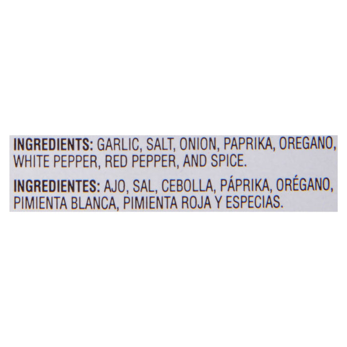 Ingredients for the seasoning are listed in English and Spanish.