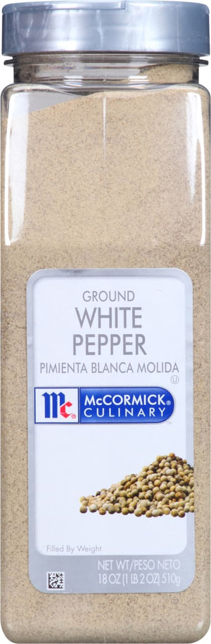 A container of McCormick Culinary Ground White Pepper.