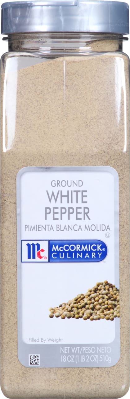 A container of McCormick Culinary Ground White Pepper.