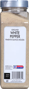 A container of McCormick For Chefs Ground White Pepper.