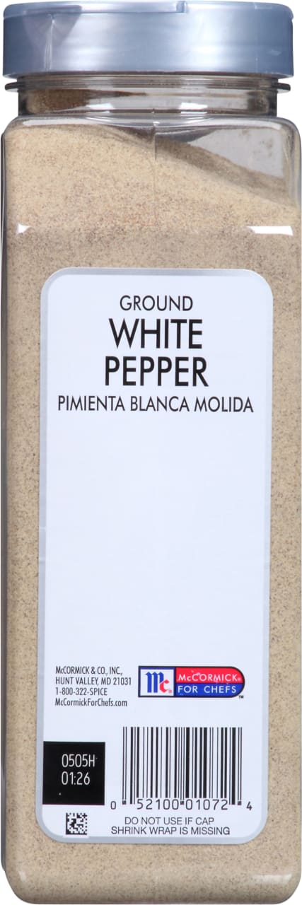 A container of McCormick For Chefs Ground White Pepper.
