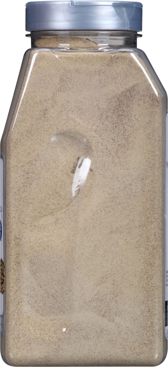 A clear plastic jar filled with ground pepper.