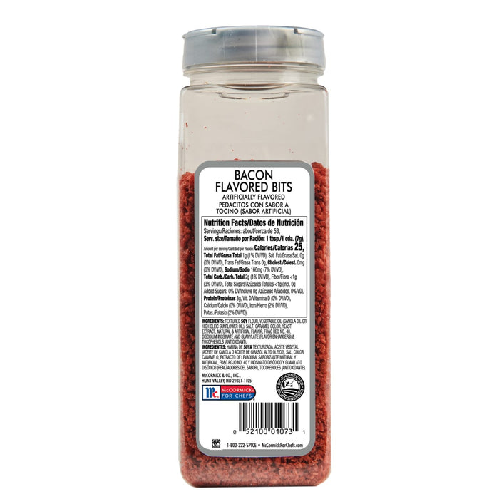 McCormick For Chefs Bacon Flavored Bits in a glass jar with a silver lid.