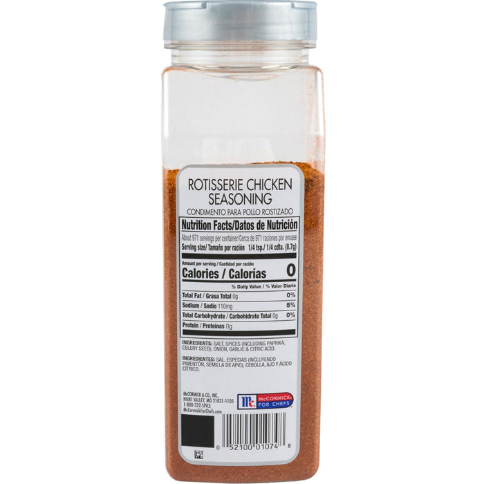 A container of McCormick Rotisserie Chicken Seasoning with nutrition facts and ingredients listed on the label.