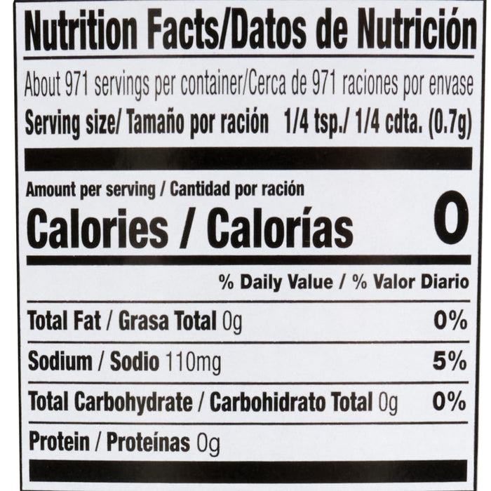 Nutrition facts label showing that a serving size of 1/4 tsp (0.7g) contains 0 calories 0% total fat 5% sodium 0% total carbohydrate and 0g of protein.