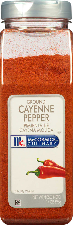 A container of McCormick Culinary Ground Cayenne Pepper.