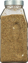 A clear plastic jar filled with dried herbs.