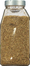 A clear plastic jar filled with dried herbs.