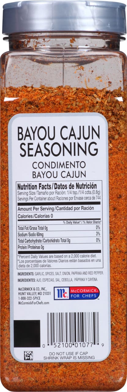 McCormick Bayou Cajun Seasoning is a blend of spices, salt, onion, paprika and red pepper.