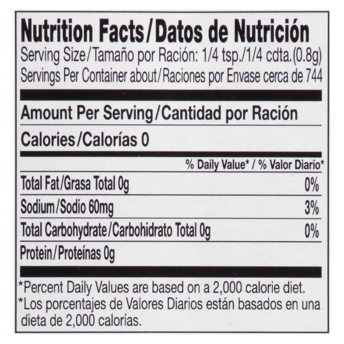 Nutrition facts label for a product with 0 calories per serving.
