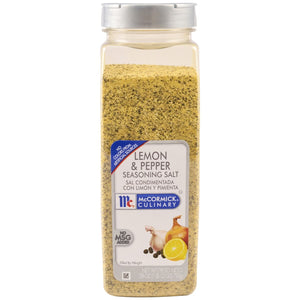 A bottle of McCormick Culinary Lemon &amp; Pepper Seasoning Salt.