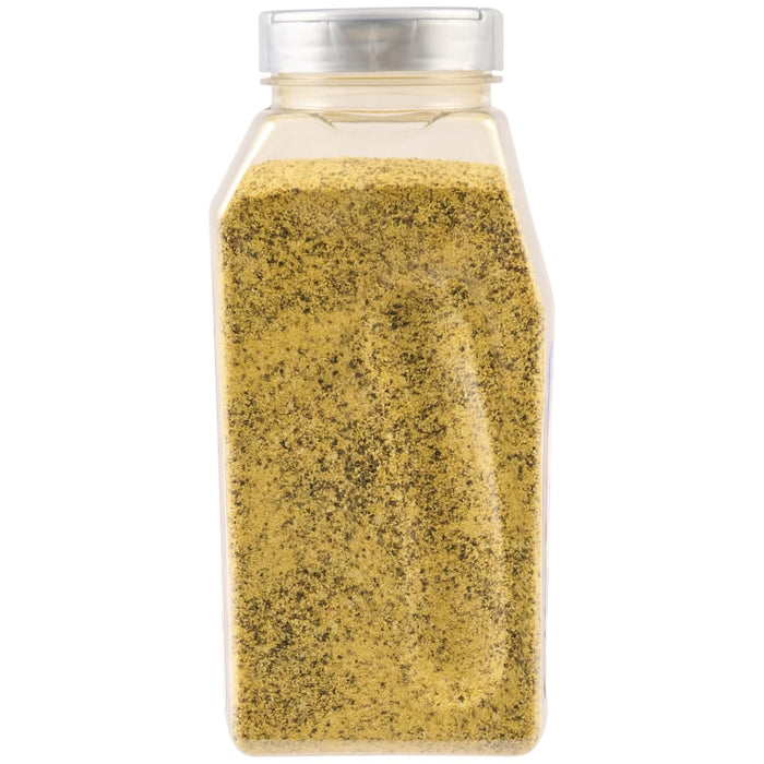 A clear plastic bottle filled with a yellow and brown spice blend.