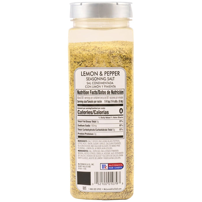 A bottle of McCormick for Chefs Lemon &amp; Pepper Seasoning Salt.
