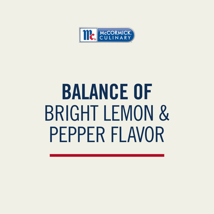 The McCormick Culinary logo is featured above text reading BALANCE OF BRIGHT LEMON &amp; PEPPER FLAVOR, representing Mccormick Culinary Lemon &amp; Pepper Seasoning Salt.
