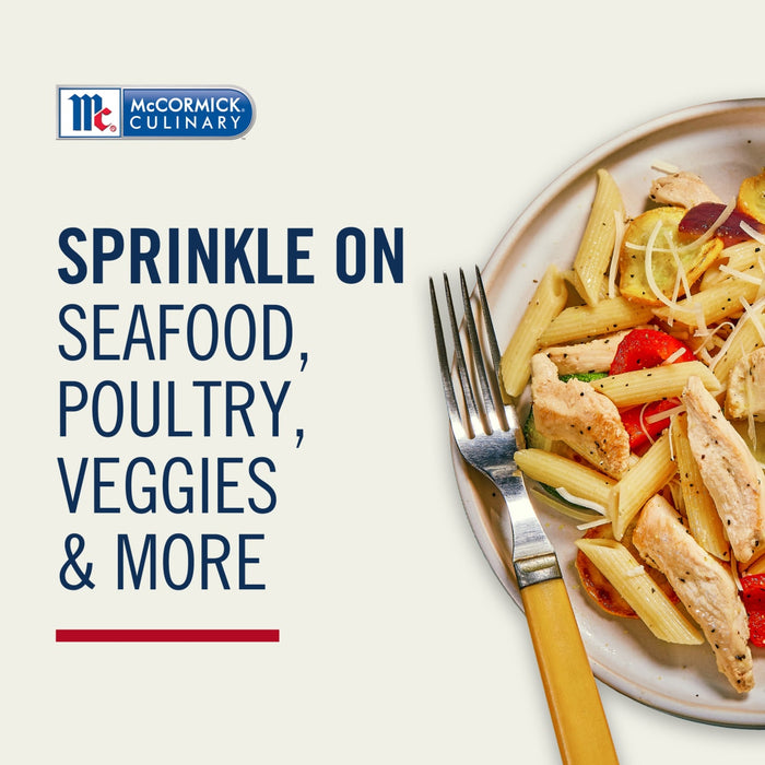 The McCormick Culinary logo is featured next to a plate of pasta with chicken and vegetables, illustrating the versatility of Mccormick Culinary Lemon &amp; Pepper Seasoning Salt for seasoning seafood, poultry, veggies, and more.
