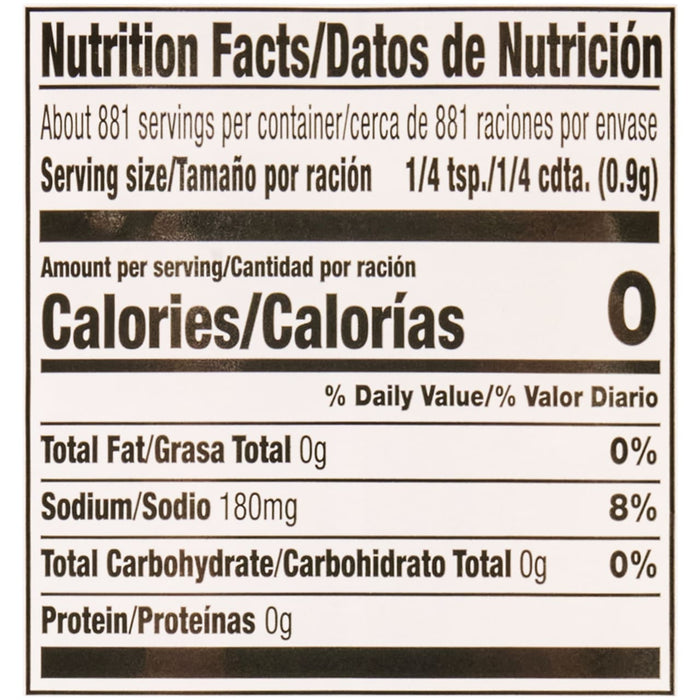 Nutrition facts label for a product with 0 calories per serving.