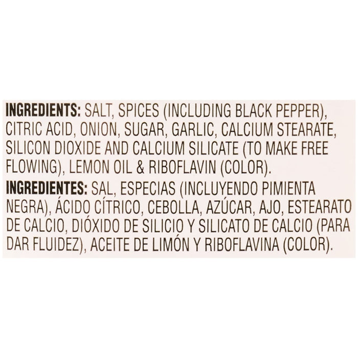 The ingredients for the seasoning include salt, spices, citric acid, onion, sugar, garlic, calcium stearate, silicon dioxide, calcium silicate, lemon oil, and riboflavin.