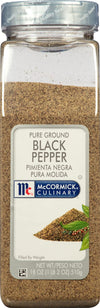 A container of McCormick Culinary Pure Ground Black Pepper.