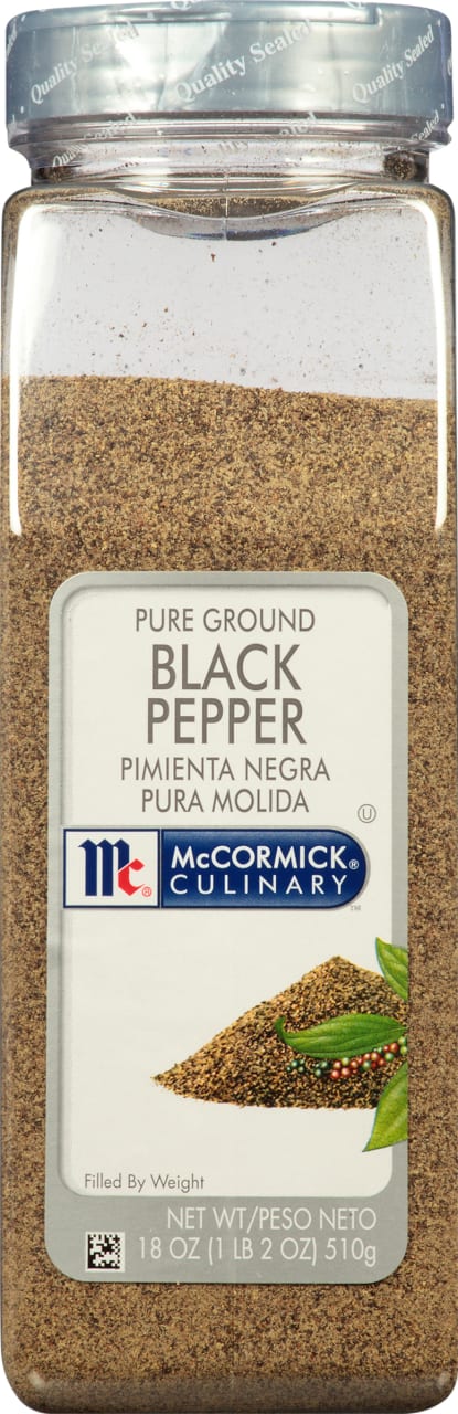 A container of McCormick Culinary Pure Ground Black Pepper.