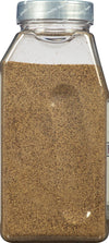 A clear plastic jar filled with ground black pepper.