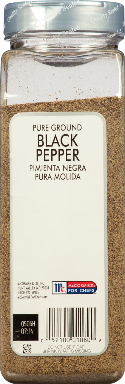 A container of McCormick For Chefs Pure Ground Black Pepper.