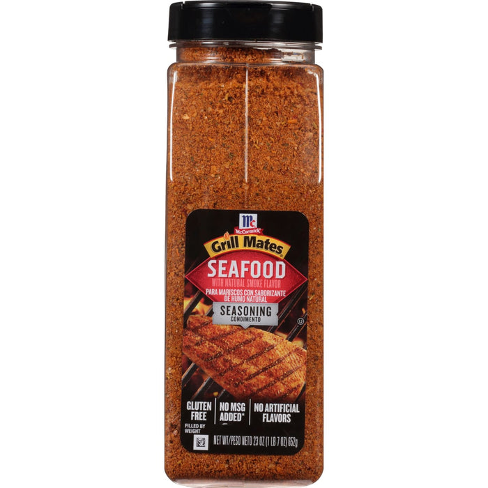 McCormick Grill Mates Seafood Seasoning with natural smoke flavor in a jar.