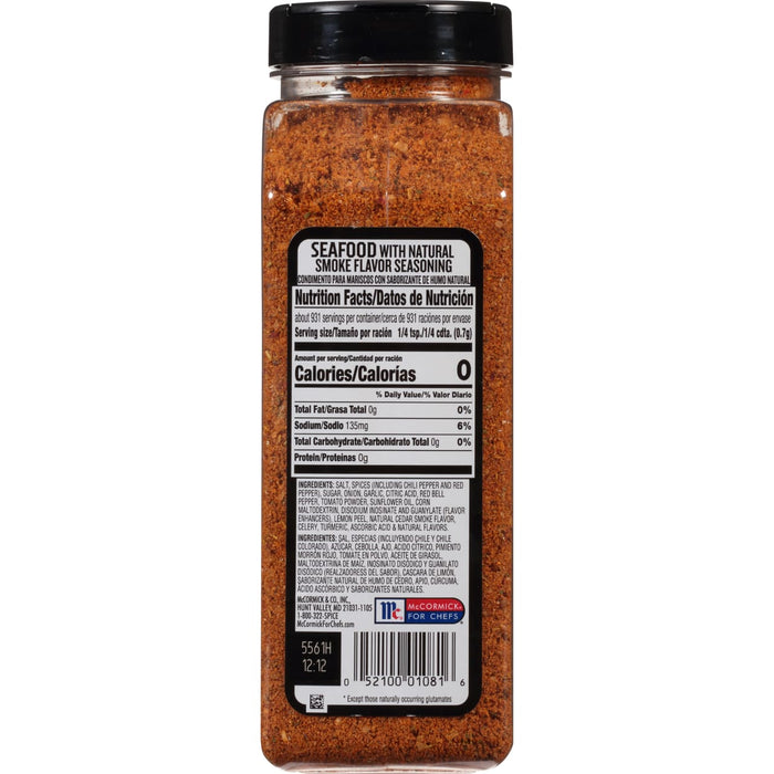 McCormick for Chefs Seafood with Natural Smoke Flavor Seasoning label with nutrition facts and ingredients.