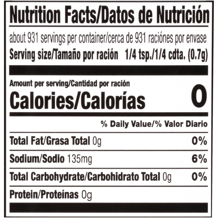 Nutrition facts label for a product with 0 calories per serving.