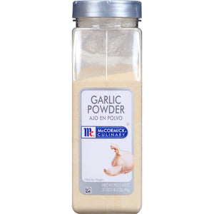 A jar of McCormick Culinary Garlic Powder.
