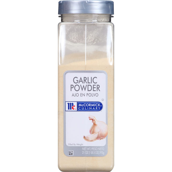 A jar of McCormick Culinary Garlic Powder.