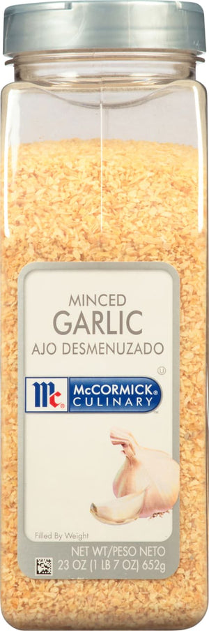 A jar of McCormick Culinary Minced Garlic.