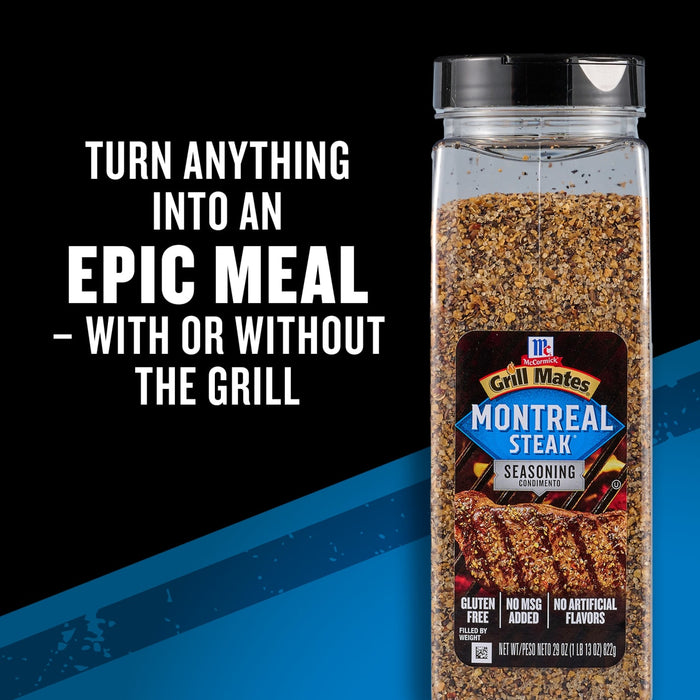 McCormick Montreal Steak Seasoning is shown with the text Turn anything into an epic meal - with or without the grill.